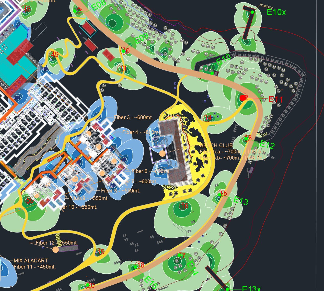 Hotel Floor Plan Blocks H-M showing ROLVA Network Cabling Paths